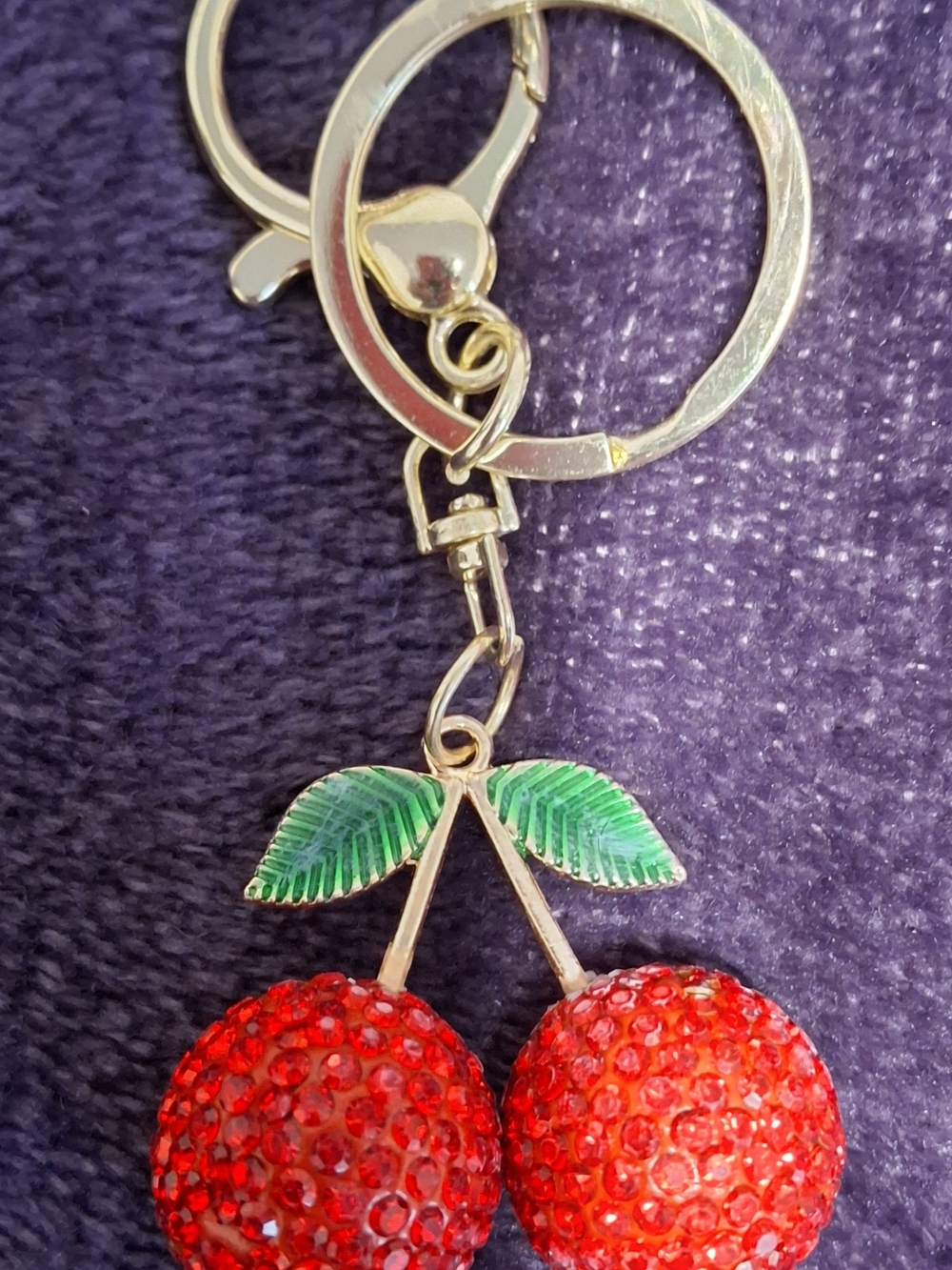 Red Rhinestone Cherry Keychain with Green Enamel Leaves